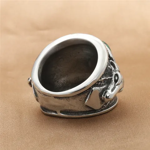 Herren Retro 316 Edelstahl Ring Universität Akademischer Stil Mit Schwarz Grünem Stein Vintage Tier Relief Punk Schmuck