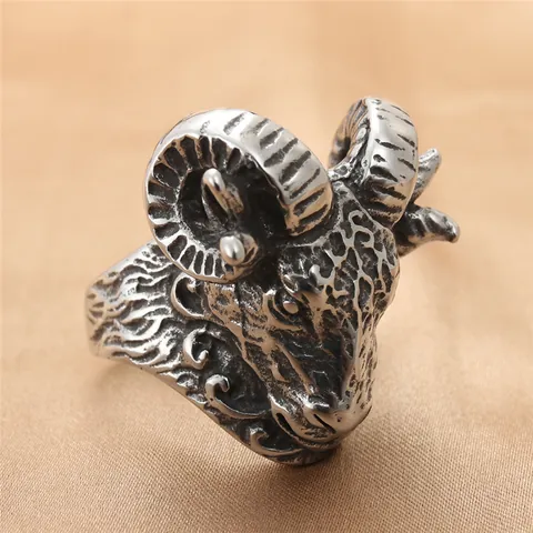 Anillo de Acero Inoxidable Cabeza de Carnero Vintage para Hombre Punk Gótico Animal Biker Band Ring Joyería Hip Hop Plata Antigua