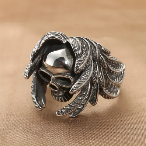 Vintage Men's Skull Feather Ring Gothic Punk 316 Titanium Stainless Steel Wing Biker Finger Ring Jewelry For Party Gift