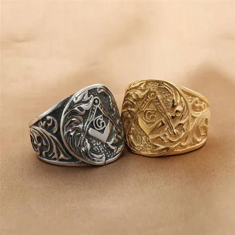 Anillo de Sello de la Francmasonería de Acero de Titanio Vintage para Hombre Retro Punk Oro Plata Compás Escuadra G Joyería