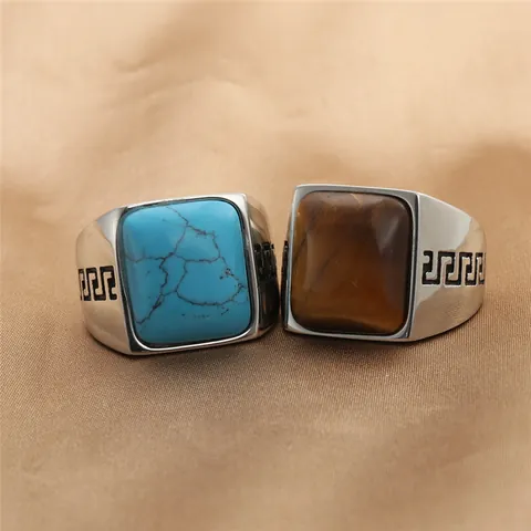 Anillo de Sello Vintage para Hombre de Acero Inoxidable Con Piedra Cuadrada de Turquesa u Ojo de Tigre Meandro Griego Punk