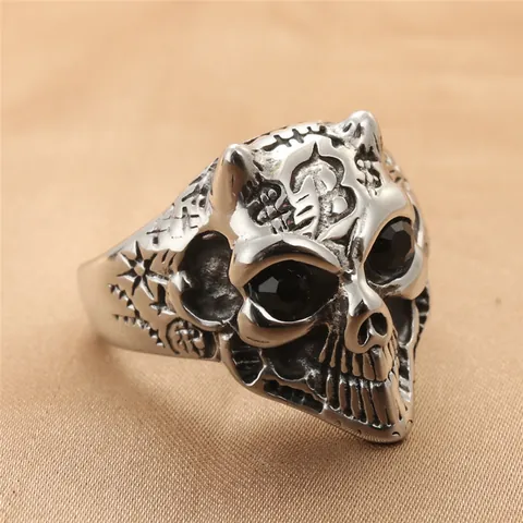 Vintage Punk Skeleton Skull Ring For Men 316 Stainless Steel Band With White Black Zirconia Dollar Sign Letter B Pattern Gothic Jewelry