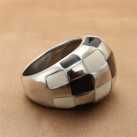 Retro Punk Stainless Steel Checkerboard Ring For Men Women Black White Enamel Wide Band Geometric Fashion Jewelry
