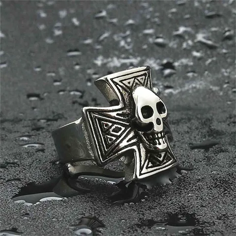Vintage Punk 316 Titanium Steel Skull Cross Ring For Men Gothic Biker Iron Cross Relief Band Ring Jewelry Party Accessories