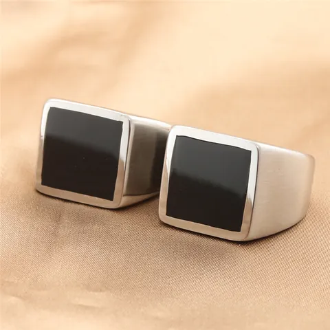 Vintage Punk Men Signet Ring Stainless Steel Black Enamel Geometric Square Round Polished Brushed Industrial Finger Ring Jewelry