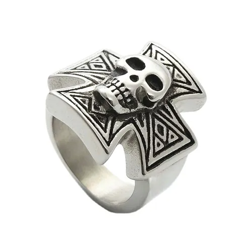 Vintage Punk 316 Titanium Steel Skull Cross Ring For Men Gothic Biker Iron Cross Relief Band Ring Jewelry Party Accessories