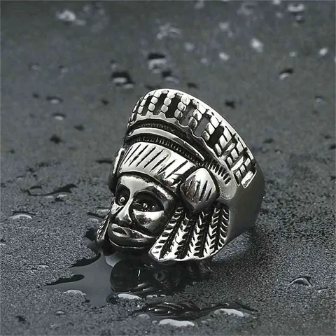Anillo Vintage de Acero Inoxidable 316 para Hombre con Cabeza de Jefe Indio Joyería Punk Rock Biker Plateado Anillo Grabado