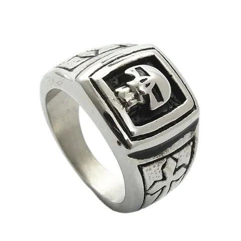 Vintage Punk 316L Stainless Steel Skull Cross Relief Ring For Men Gothic Distressed Silver Color Band Jewelry Ring