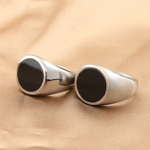Vintage Punk Men Signet Ring Stainless Steel Black Enamel Geometric Square Round Polished Brushed Industrial Finger Ring Jewelry