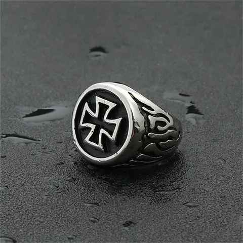 Vintage Men 316 Titanium Steel Ring Iron Cross Flame Pattern Punk Gothic Biker Polished Distressed Heavy Metal Jewelry
