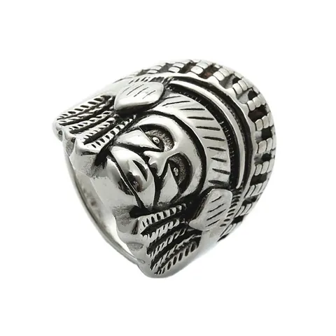 Anillo Vintage de Acero Inoxidable 316 para Hombre con Cabeza de Jefe Indio Joyería Punk Rock Biker Plateado Anillo Grabado