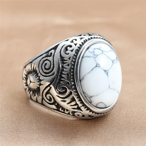 Vintage Men Stainless Steel Ring Oval Turquoise Tiger Eye Black Onyx Stone Bohemian Carved Band Retro Punk Ethnic Jewelry Gift