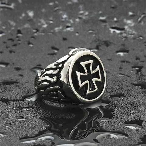 Vintage Punk Biker Ring For Men 316 Titanium Steel Iron Cross Flame Pattern Gothic Style Jewelry Band Finger Ring Silver