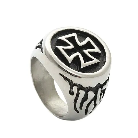 Vintage Punk Biker Ring For Men 316 Titanium Steel Iron Cross Flame Pattern Gothic Style Jewelry Band Finger Ring Silver