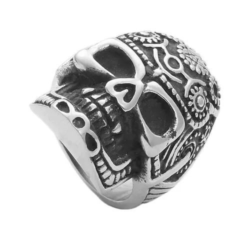 Vintage 316 Edelstahl Totenkopf Ring Für Herren Gothic Punk Steampunk Geschnitztes Blumenmuster Retro Silber Biker Schmuck