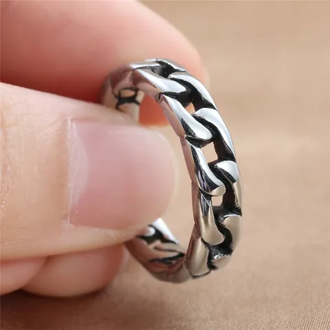 Vintage 316 Stainless Steel Cuban Link Chain Ring For Men Women Punk Hip Hop Biker Hollow Band Ring Jewelry Gift