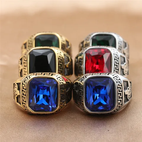 Vintage 316 Stainless Steel Ring For Men Square Cutting Artificial Gemstone Greek Key Pattern Embossed Punk Jewelry Gift