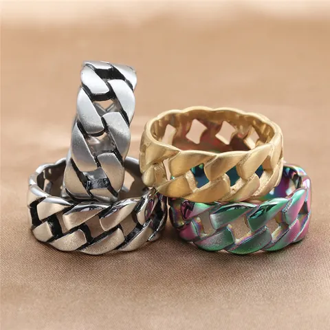 Vintage Punk Titanium Steel Hollow Cuban Link Chain Ring For Men Women Hip Hop Geometric Polished Finger Ring Jewelry Gift