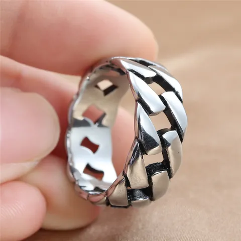 Vintage Punk Titanium Steel Hollow Cuban Link Chain Ring For Men Women Hip Hop Geometric Polished Finger Ring Jewelry Gift