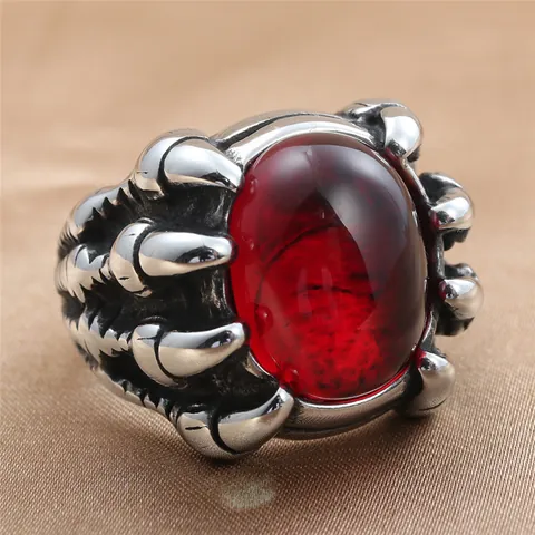 Vintage Dragon Claw Ring For Men 316 Stainless Steel Gothic Punk Band Synthetic Ruby Blue Black Stone Zirconia Ring
