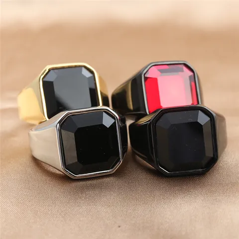 Vintage Men's Stainless Steel Ring With Emerald Cut Large Gemstone Punk Polished Black Red Tiger Eye Stone Signet Ring Jewelry