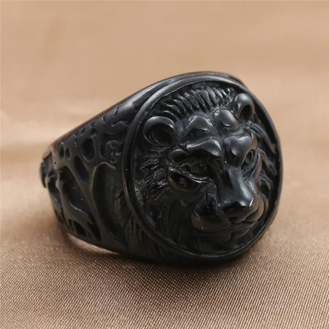 Men Retro Punk 316 Stainless Steel Lion Head Ring Black Electroplated Animal Finger Ring With Red Rhinestone Eyes Jewelry
