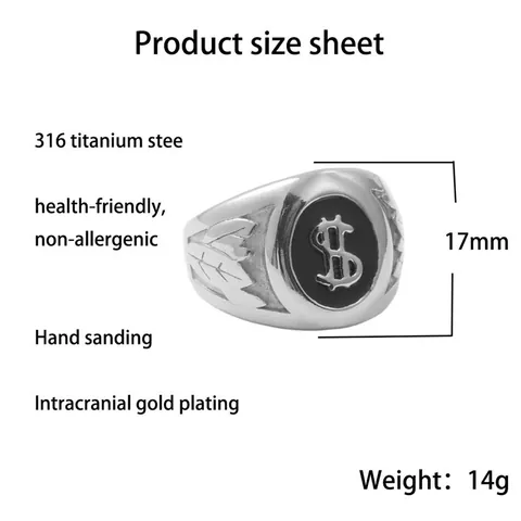 Vintage Stainless Steel Dollar Sign Ring For Men Punk Hip Hop Street Style Silver Color Carved Feather Details Jewelry