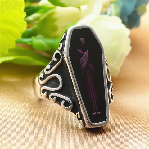 Anillo Ataúd Gótico Acero Inoxidable 316 Plata Retro Fantasma Púrpura Parca Punk Biker Anillo De Banda Para Hombres Mujeres Joyería