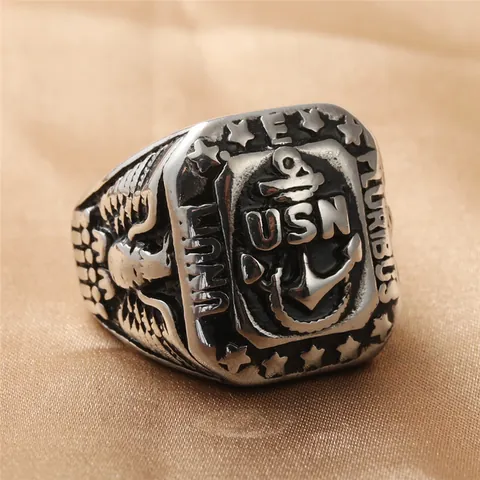 Vintage USN Navy Anchor Relief Titanium Steel Ring For Men Retro Punk Eagle Distressed Finger Ring Jewelry Gift