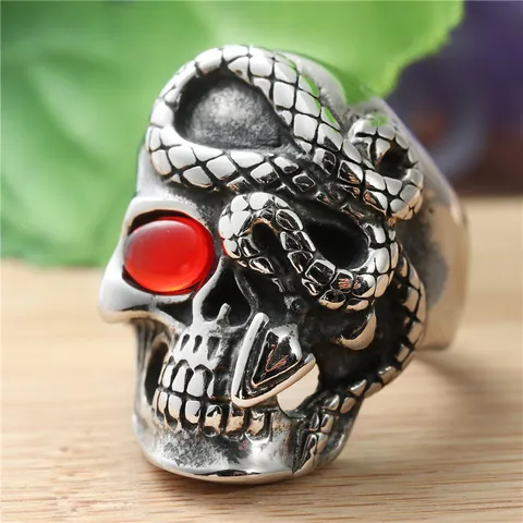 Retro Heren Titaanstaal Schedel Slang Ring Gothic Punk Roestvrij Staal Rode Zirkonia Oog Dier Heavy Metal Vingerring