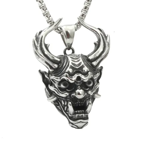 Gothic Stainless Steel Hannya Demon Mask Pendant Necklace Punk Retro Silver Black Alien Skull Necklaces For Men Hip Hop Jewelry Gift