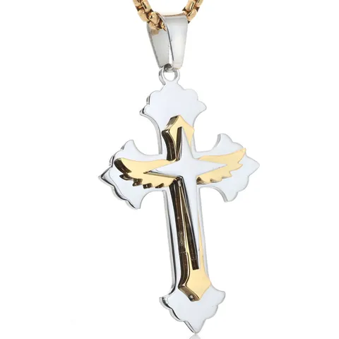 316L Stainless Steel Cross Pendant Necklace With Wing Feather Detail Religious Gothic Jewelry For Men Women Daily Accessory