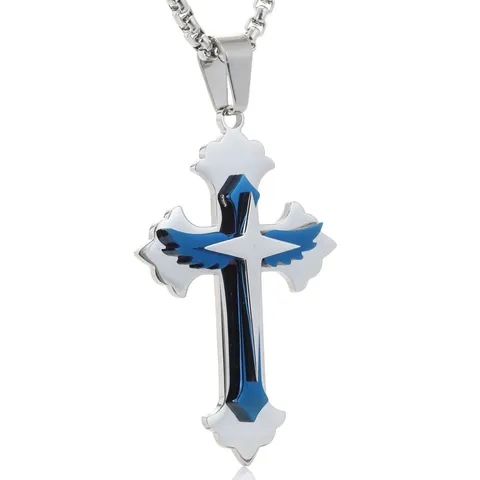 316L Stainless Steel Cross Pendant Necklace With Wing Feather Detail Religious Gothic Jewelry For Men Women Daily Accessory