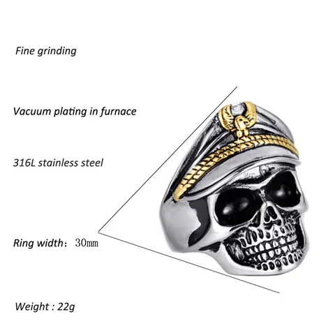 316L Edelstahl Retro Totenkopf Ring Mit Militär Offiziersmütze Adleremblem Punk Biker Herren Distressed Titanstahl Schmuck