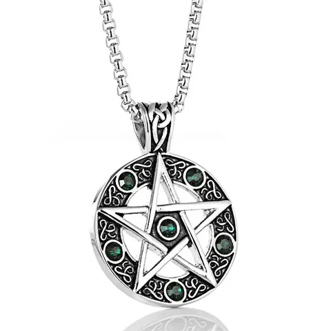 Gothic 316L Stainless Steel Pentagram Pendant Necklace For Men Women Retro Celtic Knot Round Star Zirconia Inlaid Jewelry Gift