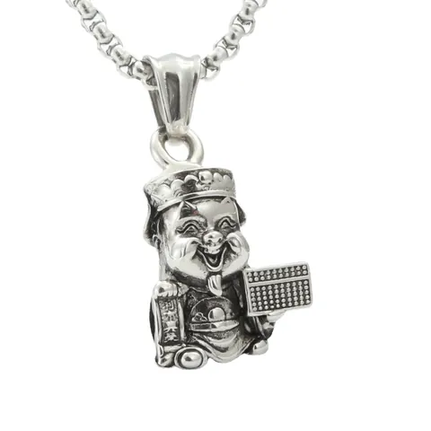 Collier Pendentif Caishen Dieu De La Richesse En Acier Inoxydable Vintage Avec Chaîne Boîte Bijoux Amulette Chanceuse Pour Hommes Et Femmes