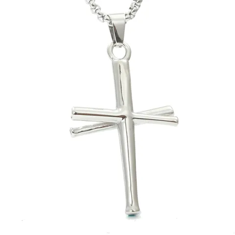 Fashion Stainless Steel Double Cross Pendant Necklace For Men Women Vintage Baseball Bat Cross Pendant Jewelry Gift