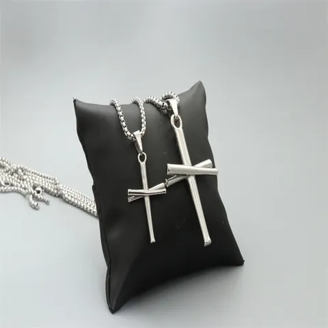 Fashion Stainless Steel Double Cross Pendant Necklace For Men Women Vintage Baseball Bat Cross Pendant Jewelry Gift
