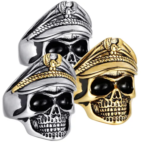 316L Edelstahl Retro Totenkopf Ring Mit Militär Offiziersmütze Adleremblem Punk Biker Herren Distressed Titanstahl Schmuck