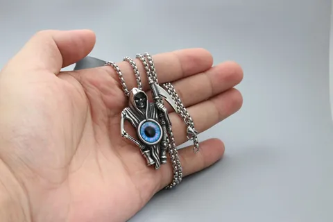Vintage Titanium Steel Grim Reaper Pendant Necklace With Blue Evil Eye Gothic Punk Skull Scythe Jewelry For Men Women
