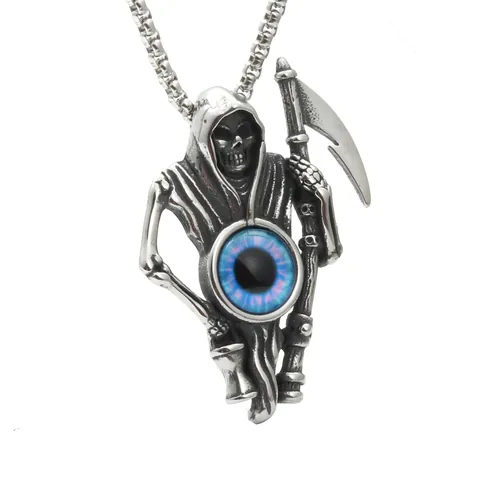 Vintage Titanium Steel Grim Reaper Pendant Necklace With Blue Evil Eye Gothic Punk Skull Scythe Jewelry For Men Women