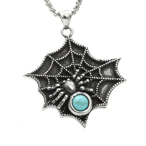 Collier Pendentif Toile d'Araignée Gothique Avec Turquoise Synthétique en Acier Inoxydable Punk Argent Antique pour Halloween Fête Unisex