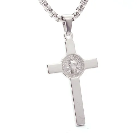 Stainless Steel Cross Pendant Necklace For Men Women St Benedict Medal Religious Hip Hop Jewelry Gift Silver Polished Necklace