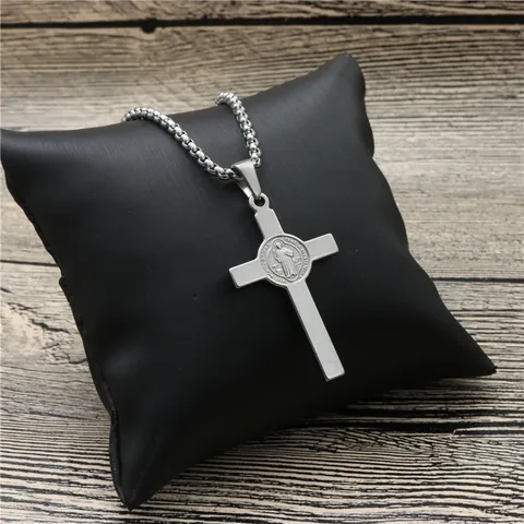 Stainless Steel Cross Pendant Necklace For Men Women St Benedict Medal Religious Hip Hop Jewelry Gift Silver Polished Necklace