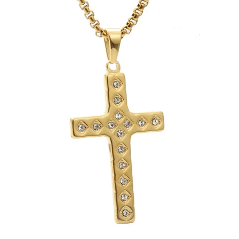Luxury Gold Titanium Steel Cross Pendant Necklace Geometric Zirconia Inlaid Box Chain For Men Women Fashion Jewelry Accessory