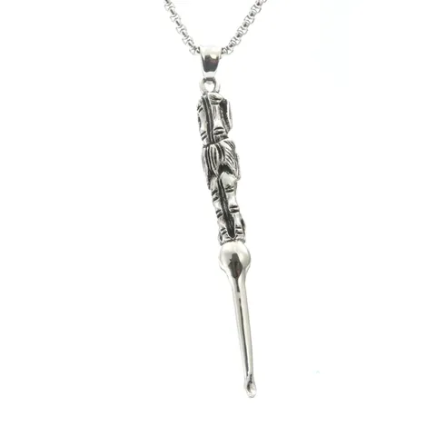 Vintage Titanium Steel Ear Pick Pendant Necklace For Men Women Punk Hip Hop Relief Pattern Dragon Carving Long Chain Jewelry