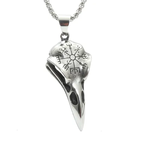 Vintage Edelstahl Wikinger Kompass Vogelschädel Anhänger Halskette Gothic Punk Antik Silber Schmuck Geschenk Für Herren Damen