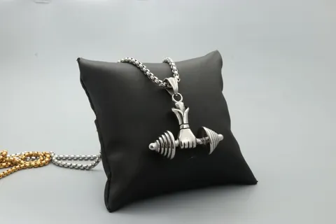 Titanium Steel Fitness Hand Holding Dumbbell Pendant Necklace For Men Women Gym Barbell Strength Jewelry Box Chain Gift