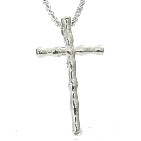 Vintage Bamboo Cross Pendant Necklace Titanium Steel Poker Suit Engraved Gold Silver Jewelry For Men Women Hip Hop Necklaces