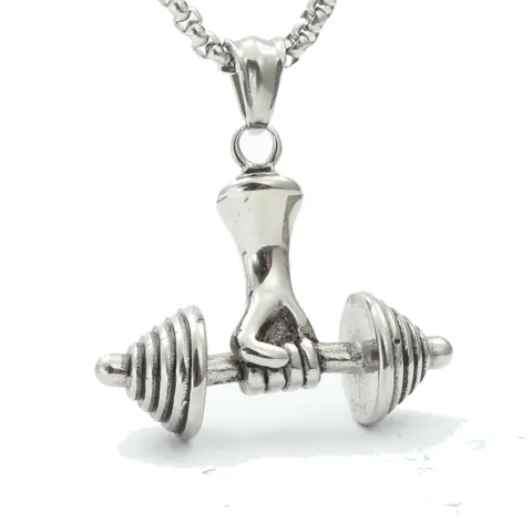 Titanium Steel Fitness Hand Holding Dumbbell Pendant Necklace For Men Women Gym Barbell Strength Jewelry Box Chain Gift